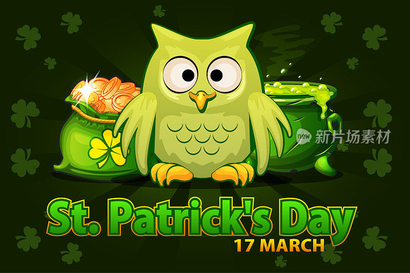 Cartoon funny owl, money bag and pot with magic potion. Vector Illustration For Happy St. Patrick Day. Greeting card, poster, banner. Objects on a separate layer